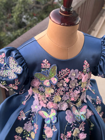 Blue Handmade Dress – Floral Embroidered Butterfly Party/Birthday Dress for Girls
