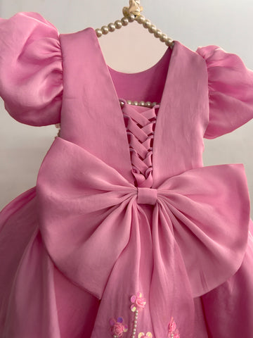 Pink Satin Organza Hand Crafted Dress