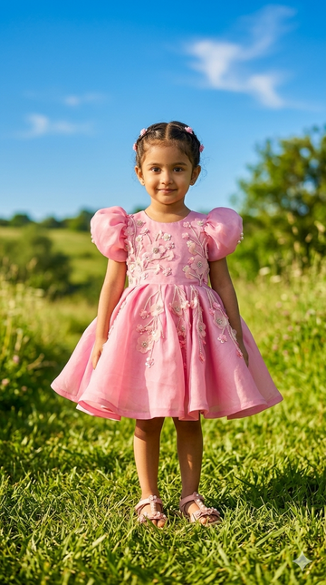 Pink Satin Organza Hand Crafted Dress
