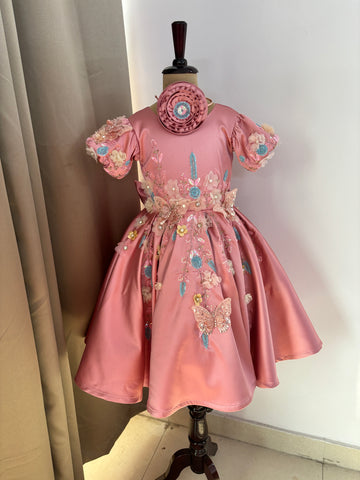 Girls Pink Satin Birthday Dress – Butterfly Embellishments & Floral Appliqué Gown
