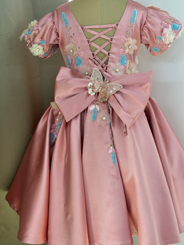 Girls Pink Satin Birthday Dress – Butterfly Embellishments & Floral Appliqué Gown