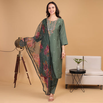 EF1004 - Green Handwork Suit Set with Printed Dupatta