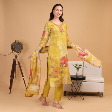 EF1005 - Yellow Printed Handmade Suit Set