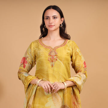 EF1005 - Yellow Printed Handmade Suit Set