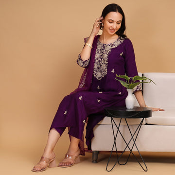 EF1006 - Purple Embroidered Suit Set